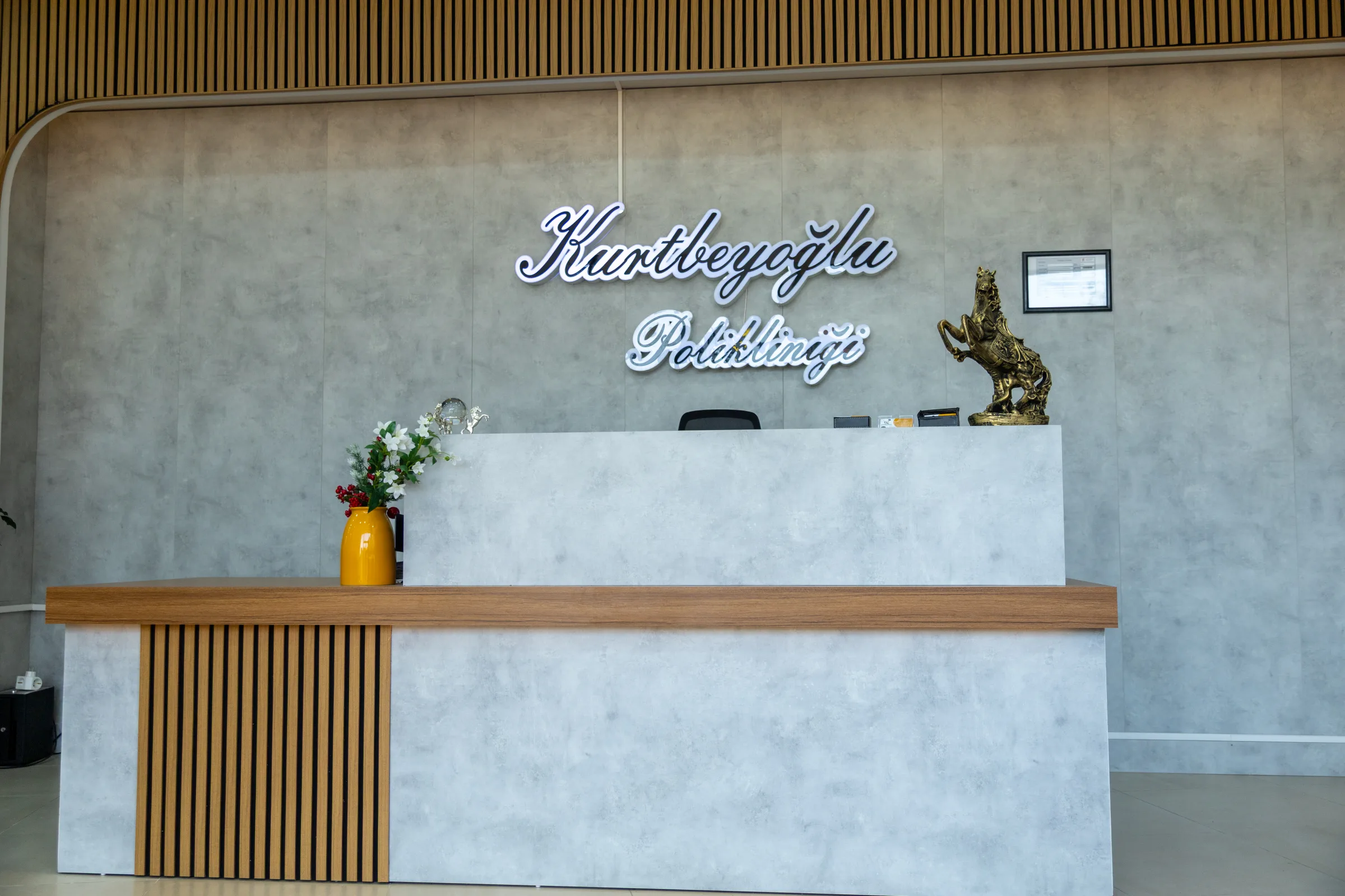 Klinik resepsiyon — gri beton tezgâh ve neon imza